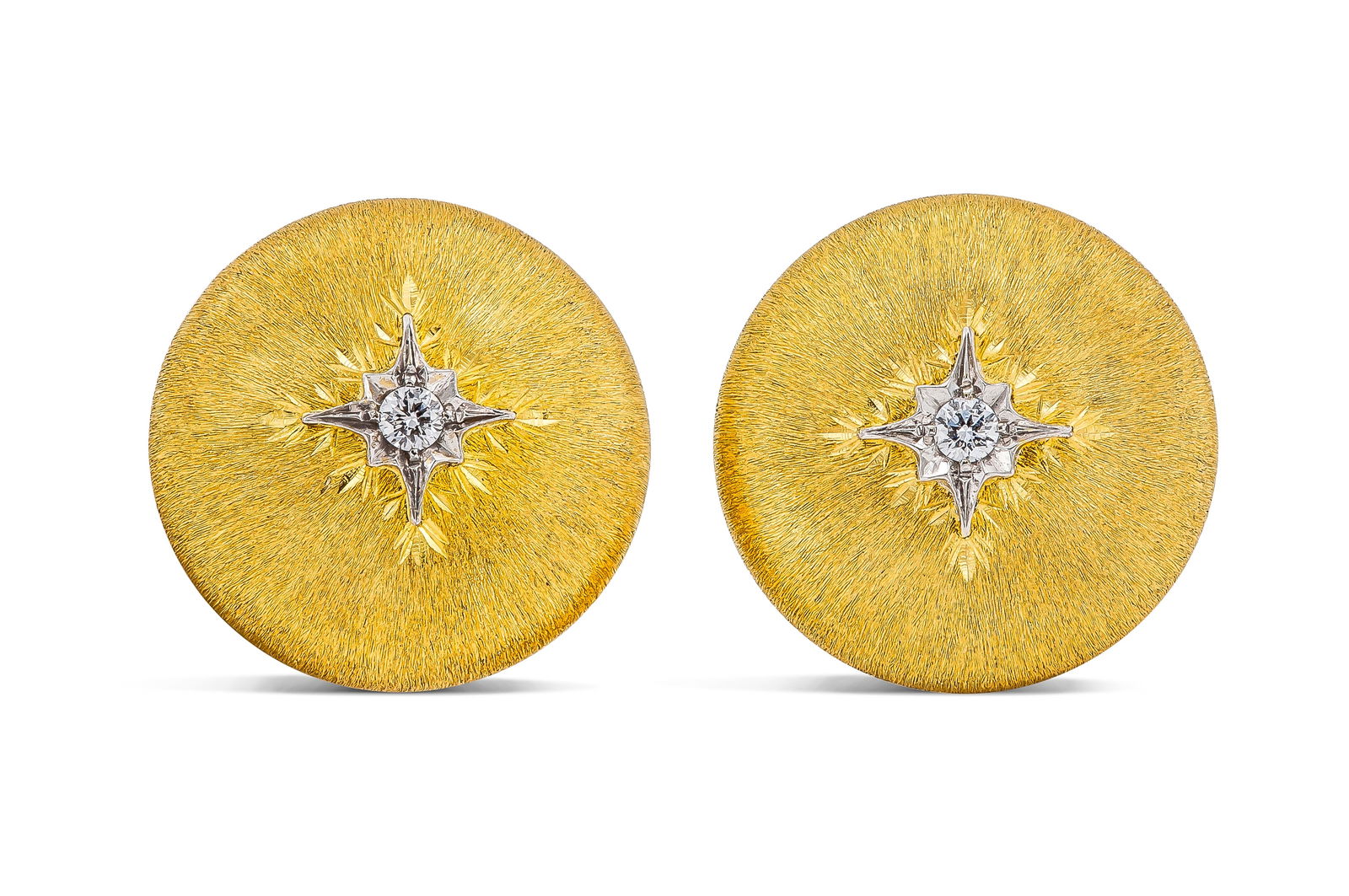 18 Karat Yellow Gold Button Earrings with Diamonds: 18 Karat Yellow Gold Button Earrings with Diamonds Finely crafted in 18k yellow scrathed gold with two Round Brilliant cut Diamonds weighing approximately a total of 0.10 carats.Approximate 19.20 mm d