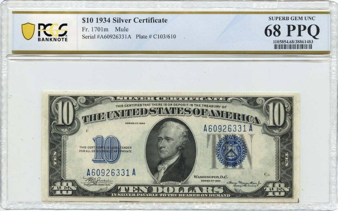1934 $10 Silver Certificate Blue Mule Fr# 1701 Pcgs Banknote Superb Gem 1934 $10 Silver Certificate Blue Mule Fr# 1701 Pcgs Banknote Superb Gem