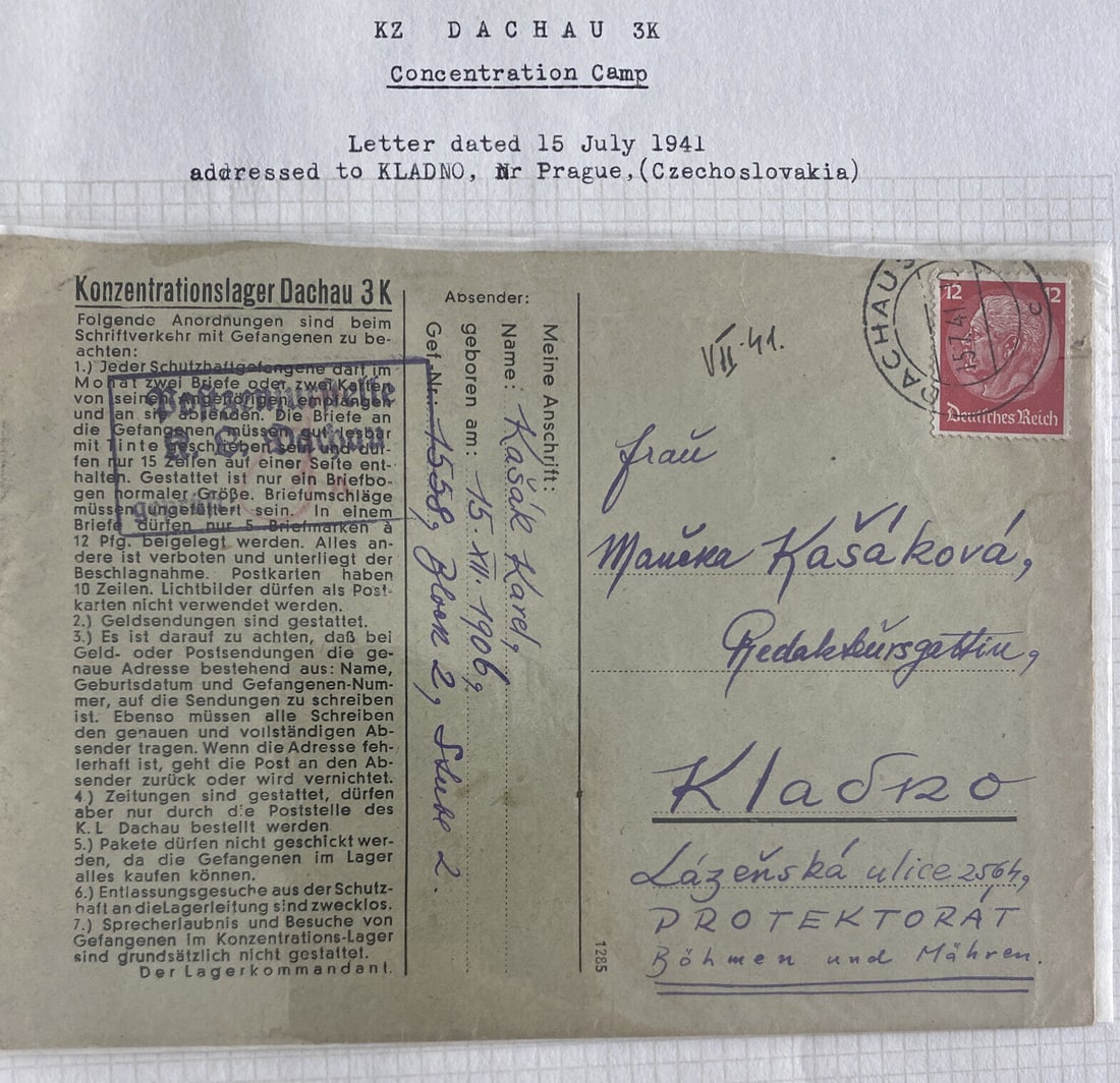 1941 Germany Dachau Concentration Camp Cover Kasak Karel Jewish Communist: 1941 Germany Dachau Concentration Camp Cover Kasak Karel Jewish Communist Type: Cover Place Of Origin: Germany & Colonies Quality: Used Region: Germany Grade: Ungraded Topic: Concentration Camp Certif