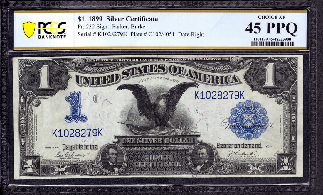 1899 $1 SILVER CERTIFICATE BLACK EAGLE FR.232 PARKER BURKE PCGS CHOICE XF 45 PPQ: 1899 $1 SILVER CERTIFICATE BLACK EAGLE FR.232 PARKER BURKE PCGS CHOICE XF 45 PPQ Circulated/Uncirculated: Circulated Denomination: $1 Type: Banknotes Year: 1899 Certification Number: 48233900 Grade: 4