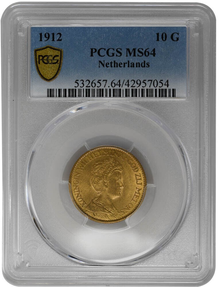 1912 10G Netherlands Gold Guilders PCGS MS64 Gold Coin: 1912 10G Netherlands Gold Guilders PCGS MS64 Gold Coin Certification: PCGS Year: 1912 Grade: MS 64 Denomination: 10 Guilders Country: Ntherlands Composition: Gold Circulated/Uncirculated: Uncirculated