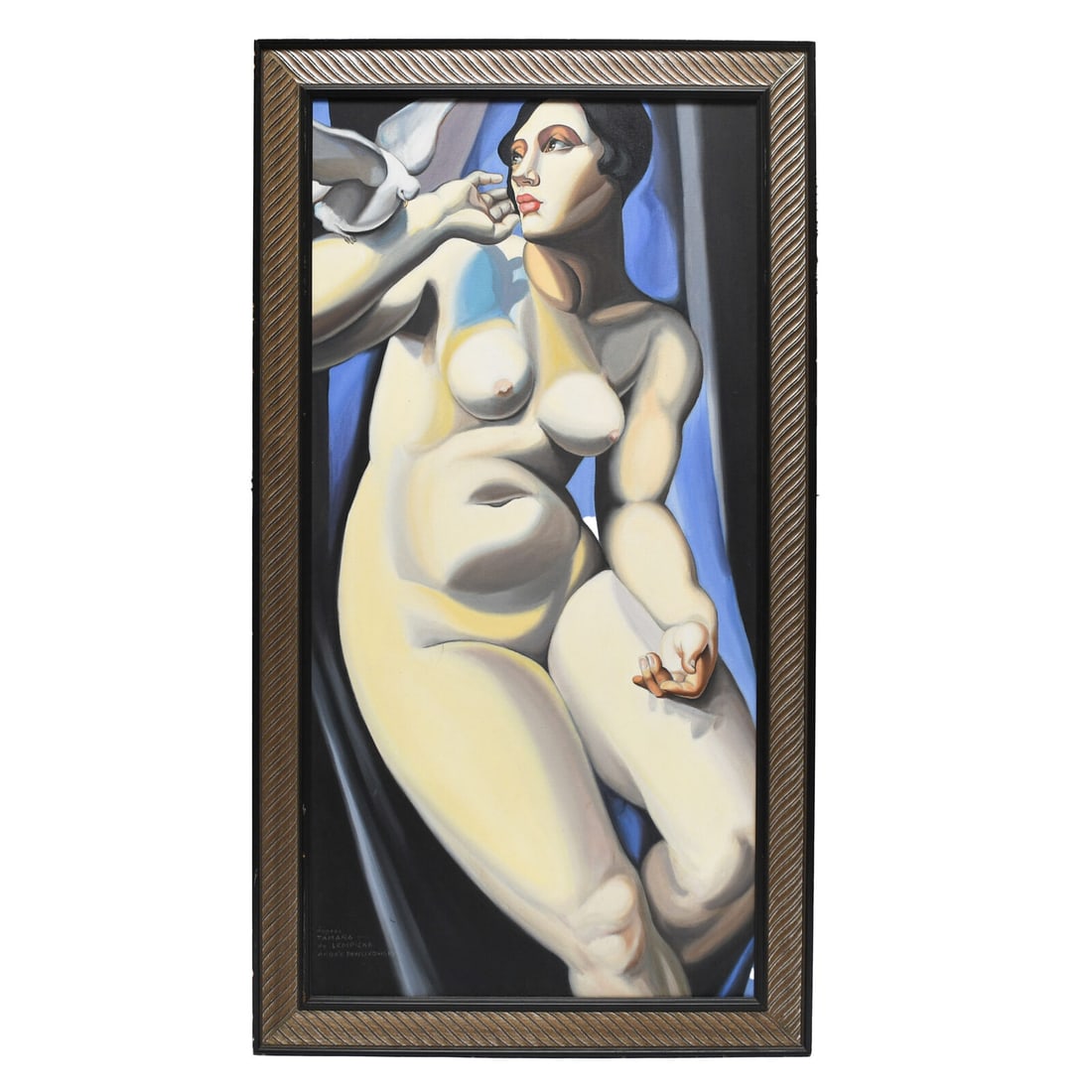 Nude with Dove (after Tamara de Lempicka) Signed Oil in Canvas by Pawlikowski: Nude with Dove (after Tamara de Lempicka) Signed Oil in Canvas by Pawlikowski Subject: Woman Production Technique: Oil Painting Item Height: 53.75 Framing: Framed Type: Painting Style: Art Deco Size: