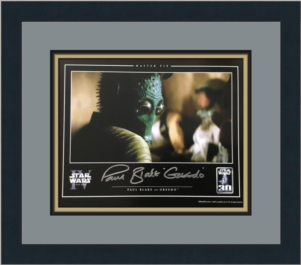 Star Wars IV Paul Blake Greedo Signed Official Pix Custom Framed: Star Wars IV Paul Blake Greedo Signed Official Pix Custom Framed Convention/Event: Star Wars Celebration IV Expo Movie: IV:Star Wars Series: Star Wars Year: 2007 Character: Greedo Signed By: Paul Blak