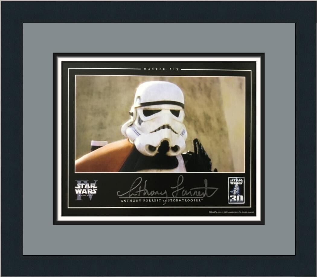 Star Wars IV Anthony Forrest Stormtrooper Signed Official Pix Custom Framed: Star Wars IV Anthony Forrest Stormtrooper Signed Official Pix Custom Framed Convention/Event: Star Wars Celebration IV Expo Movie: IV:Star Wars Series: Star Wars Year: 2007 Character: Stormtrooper Sig