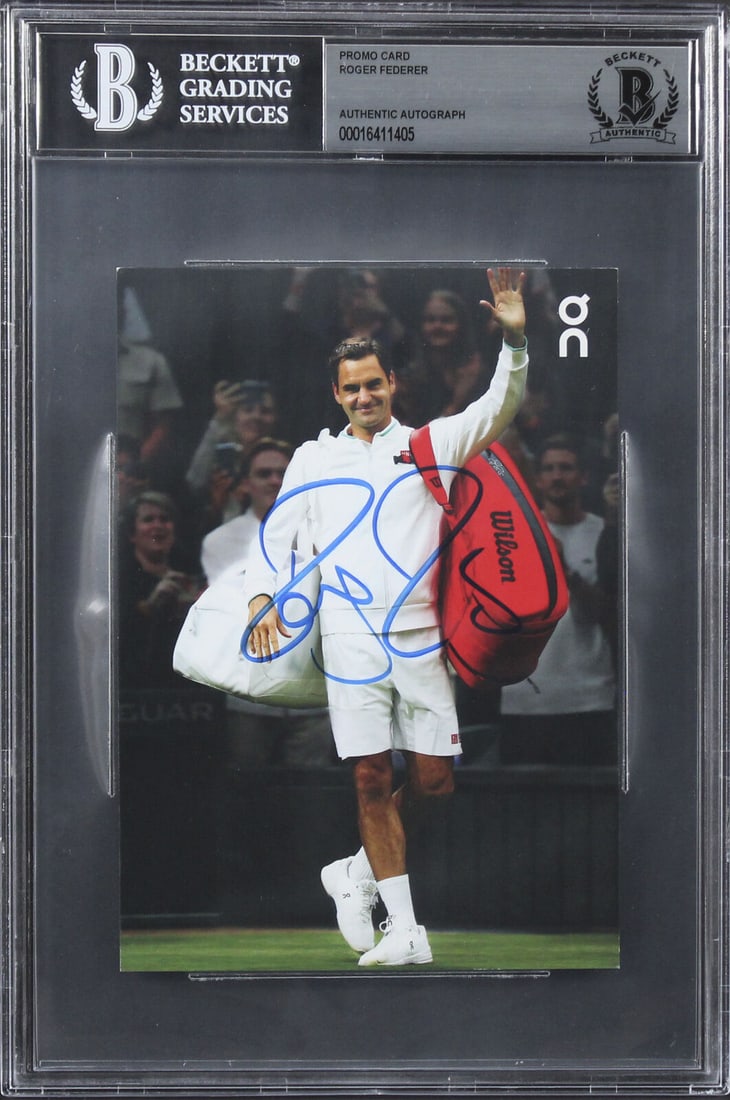 Roger Federer Signed 4x6 Promo Card Autographed BAS Slabbed: Roger Federer Signed 4x6 Promo Card Autographed BAS Slabbed Product: Ball Hat Index Card Lithograph Print Magazine Photo Plaque Sport: Tennis Original/Reprint: Original Player: Roger Federer Autograph