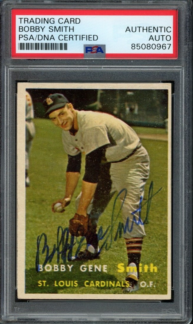 Bobby Gene Signed 1957 Topps Card #384 St. Louis Cardinals PSA/DNA 184155: Bobby Gene Signed 1957 Topps Card #384 St. Louis Cardinals PSA/DNA 184155 Productname: Bobby Gene Signed 1957 Topps Card #384 St. Louis Cardinals PSA/DN Original/Reprint: Original Player: Bobby Gene P