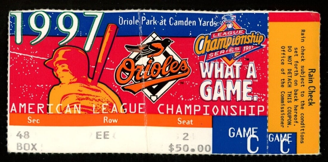 October 15 1997 Orioles vs. Indians American League Championship Series Ticket: October 15 1997 Orioles vs. Indians American League Championship Series Ticket Sport: Baseball Product: Ticket Stub Original/Reprint: Original Team: Baltimore Orioles Autograph Authentication: Seller 
