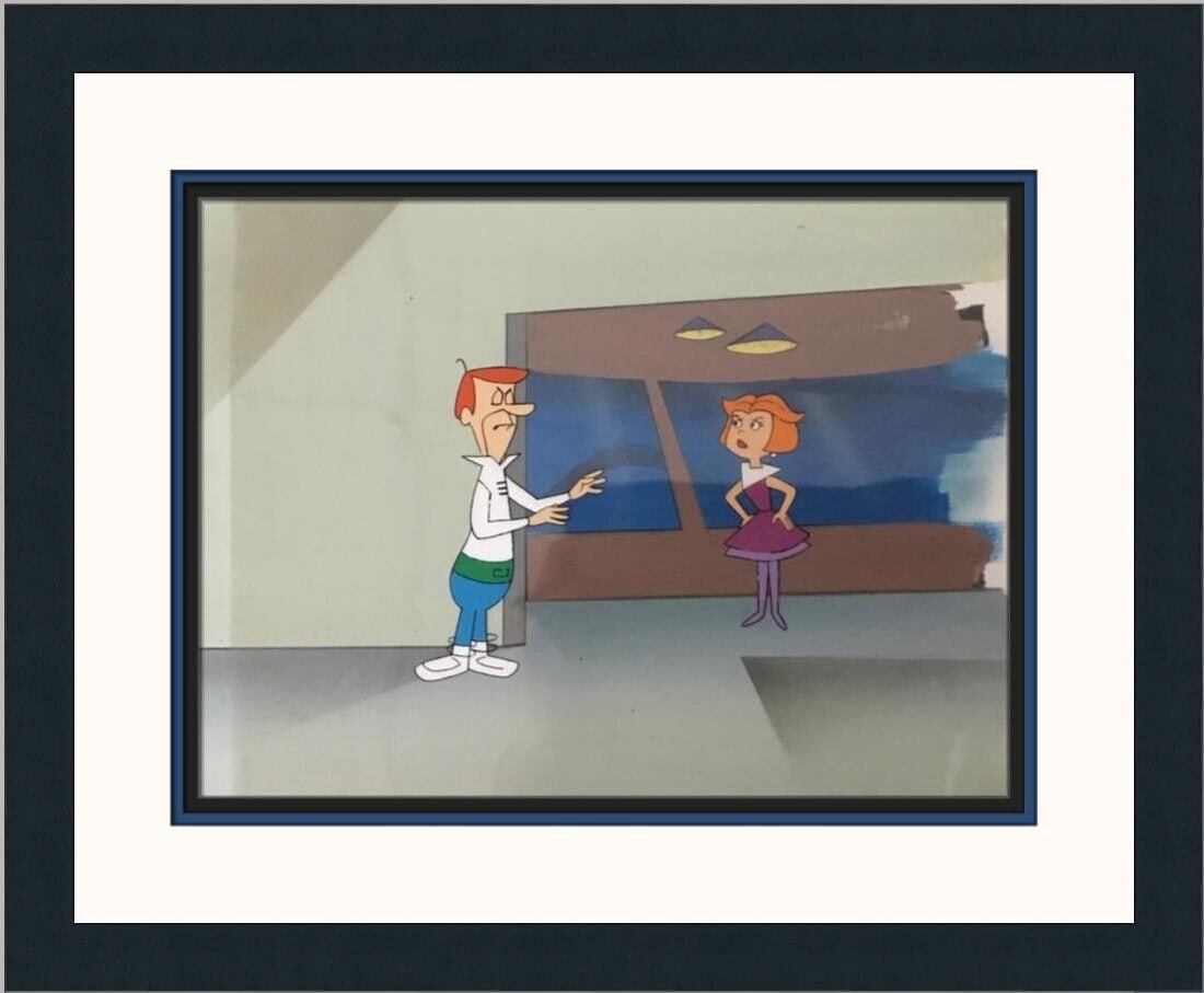 The Jetsons George Jane Hand Painted Animation Production Cel Custom Framed: The Jetsons George Jane Hand Painted Animation Production Cel Custom Framed Animation Studio: Hanna-Barbera Character: George Jetson Jane Jetson Tradition: Western Animation Signed: No Title: The Jets