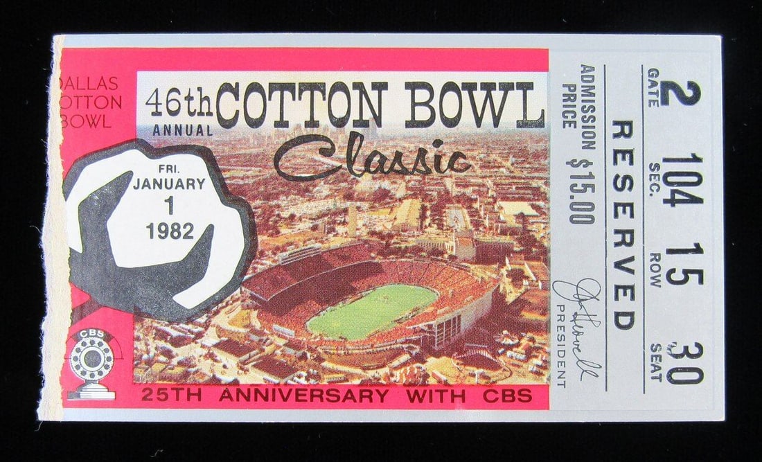 1982 Cotton Bowl Texas Longhorns vs. Alabama Crimson Tide Ticket Stub Bryant: 1982 Cotton Bowl Texas Longhorns vs. Alabama Crimson Tide Ticket Stub Bryant Product: Ticket Team: Alabama Crimson Tide League: NCAA Pre-Owned While the lot images are representative of the item, the 