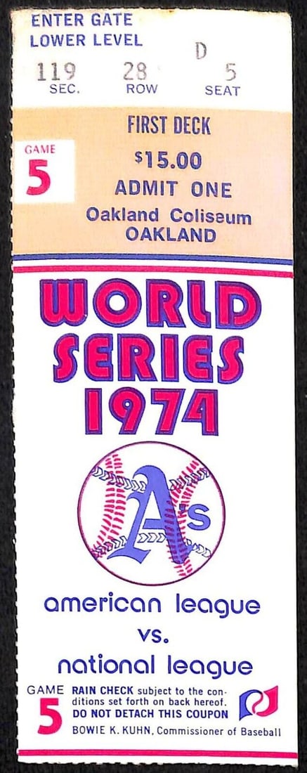 1974 World Series Game 5 Baseball Ticket Dodgers @ A's 93754: 1974 World Series Game 5 Baseball Ticket Dodgers @ A's 93754 Original or Reprint: Original Grade: Ungraded Team-Baseball: Oakland Athletics Vintage: Yes Event/Tournament: World Series Sport: Baseball