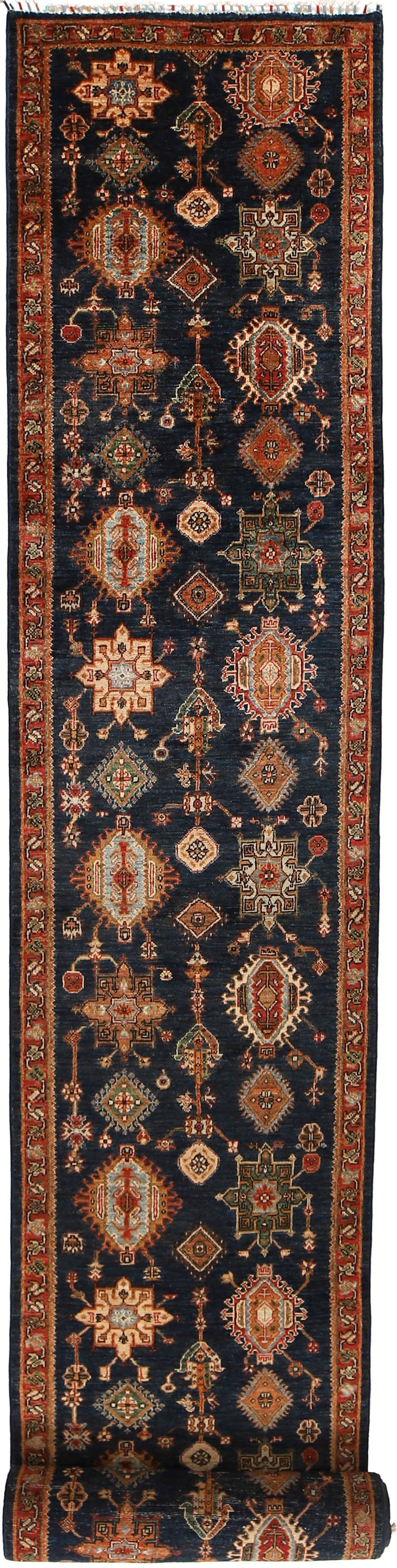 3 x 22 Super Kazak Runner Rug: 3 x 22 Super Kazak Runner Rug Free continental US Shipping Size in Feet: Width: 2.66 x Length: 22.33 Size in Inches: Width: 32 in x Length: 268 in Colors: Blue Weave: Hand-knotted Material: Wool Patte