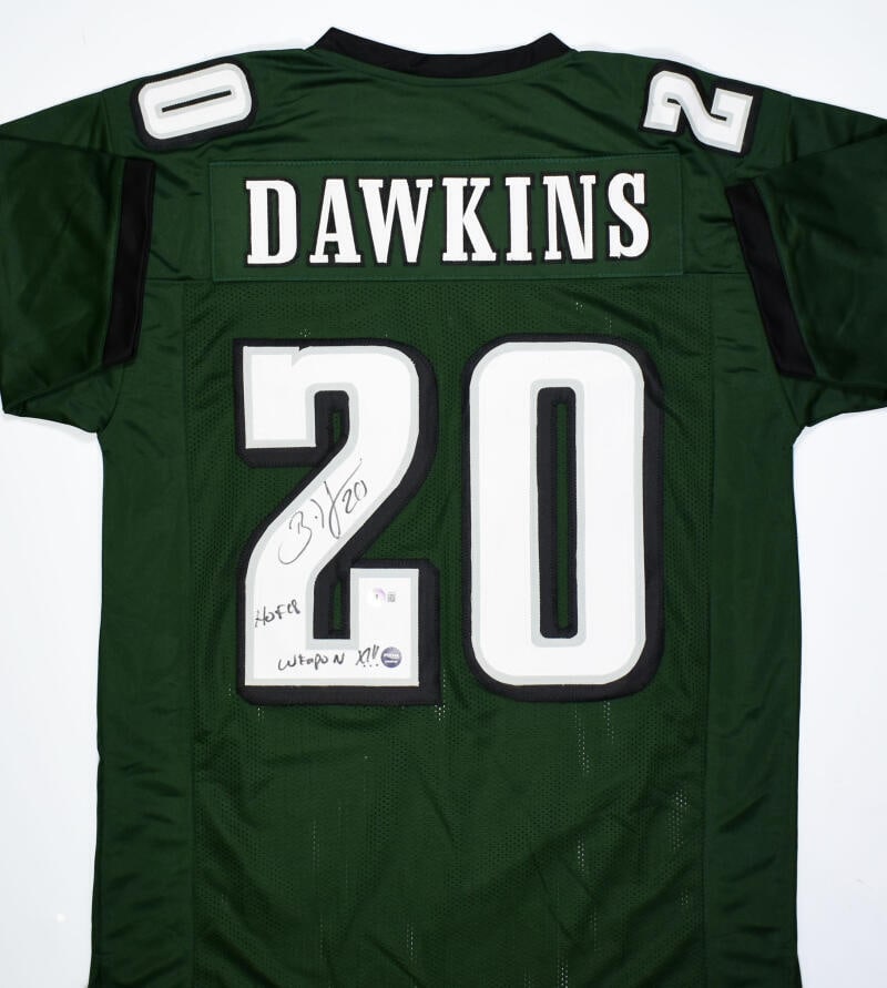 Brian Dawkins Autographed Green Pro Style Jersey w/HOF Weapon X- Beckett W Holo: Brian Dawkins Autographed Green Pro Style Jersey w/HOF Weapon X- Beckett W Holo Sport: Football-NFL Product: Jersey Original/Reprint: Original Player: Brian Dawkins Team: Philadelphia Eagles Autograph