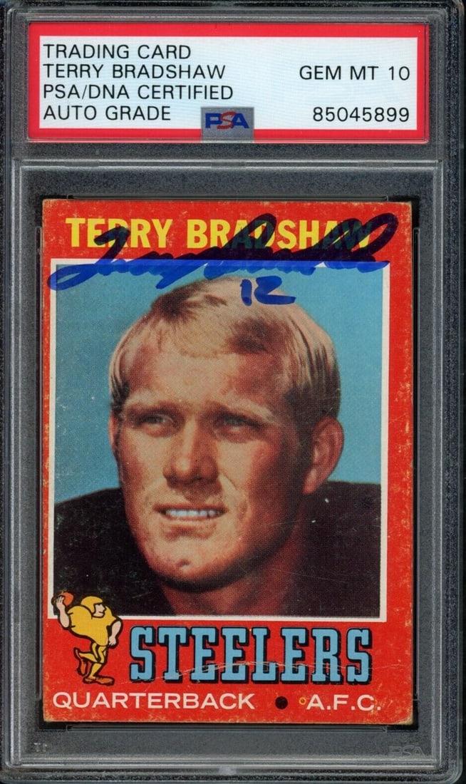 Terry Bradshaw HOF Steelers Autographed 1971 TOPPS RC #156 PSA/DNA GEM MINT 10: Terry Bradshaw HOF Steelers Autographed 1971 TOPPS RC #156 PSA/DNA GEM MINT 10 Sport: Football Team: Pittsburgh Steelers League: NFL Product: Photo Original/Reprint: Original Signed: YES Pre-Owned Whi