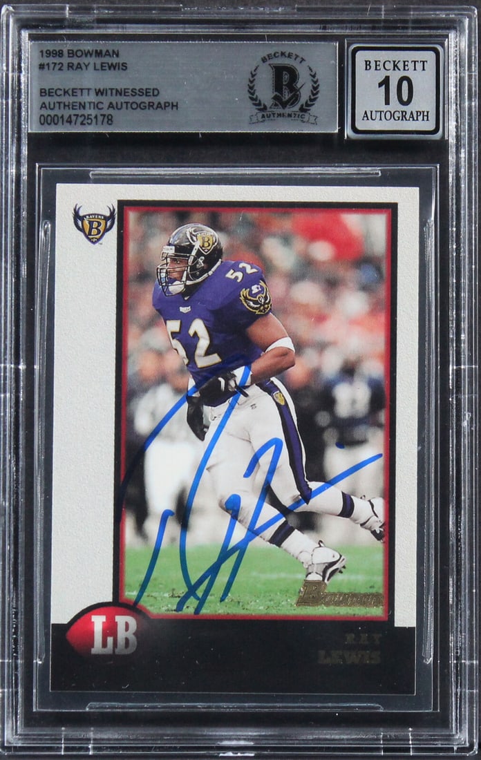 Ravens Ray Lewis Signed 1998 Bowman #172 Card Auto 10! BAS Slabbed: Ravens Ray Lewis Signed 1998 Bowman #172 Card Auto 10! BAS Slabbed Sport: Football-NFL League: NFL Team: Baltimore Ravens Graded: Yes Product Coa: Beckett Product Signed By Name: Ray Lewis Pre-Owned W