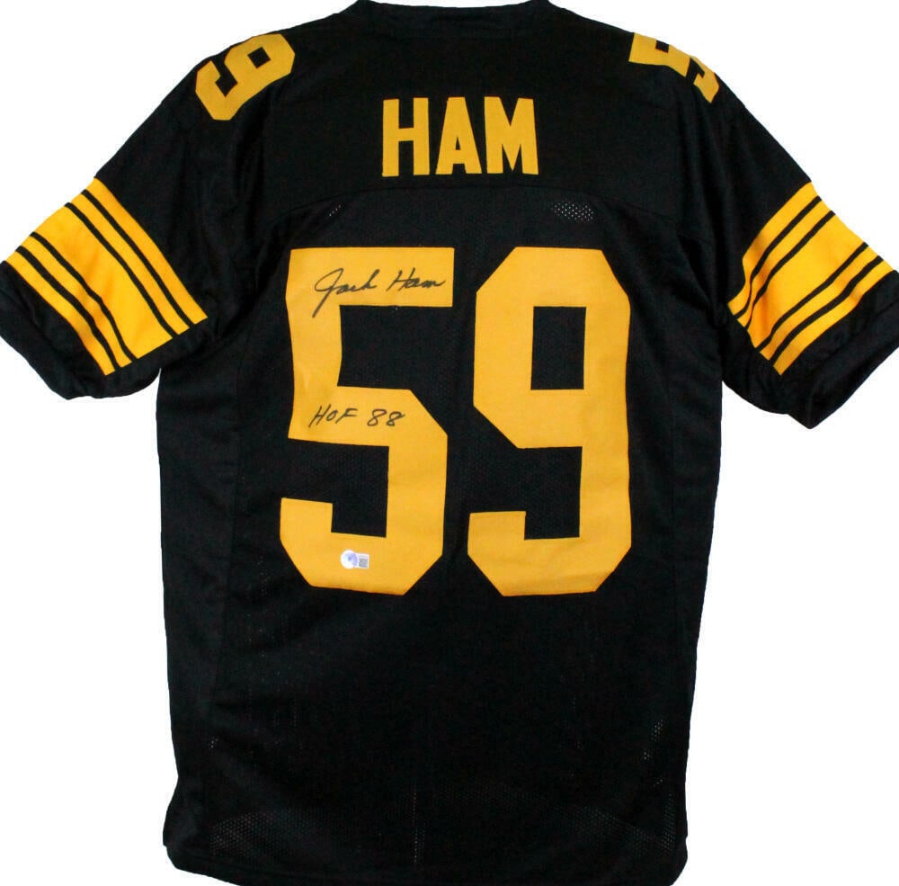 Jack Ham Autographed Black w/Yellow Pro Style Jersey w/ HOF-Beckett W Hologram: Jack Ham Autographed Black w/Yellow Pro Style Jersey w/ HOF-Beckett W Hologram Sport: Football Product: Jersey Original/Reprint: Original Player: Jack Ham Team: Pittsburgh Steelers Autograph Authentic