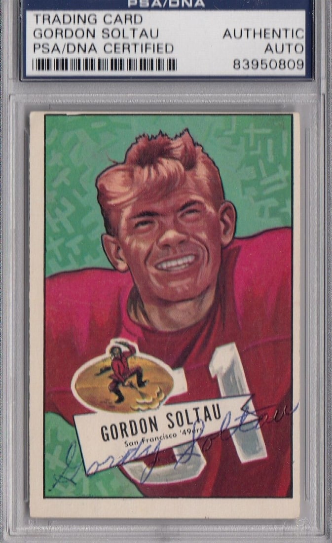 Gordon Soltau Signed 1952 Bowman Large Autographed 49ers PSA/DNA 83950809: Gordon Soltau Signed 1952 Bowman Large Autographed 49ers PSA/DNA 83950809 Autograph Authentication: Professional Sports (PSA/DNA) Product: Other Autographed NFL Items Original/Reprint: Original Sport: