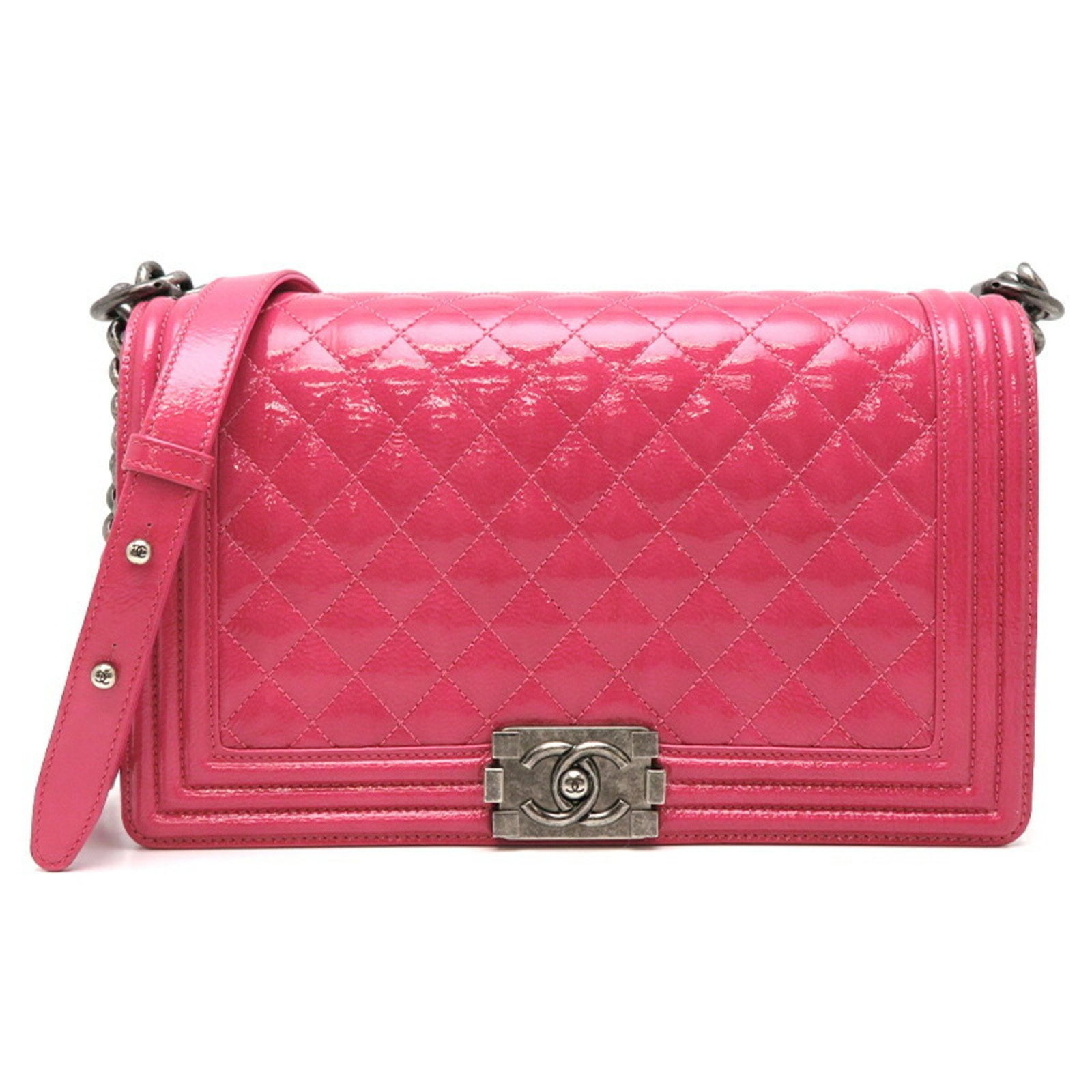 Chanel Boy Chain Shoulder Women's Bag A92193 Patent Leather Pink: Chanel Boy Chain Shoulder Women's Bag A92193 Patent Leather Pink Brand: Chanel Line: Boy Chanel Type: Shoulder bag Material: Patent leather Patent leather: Color: Pink Hardware Color: Silver Closure: 