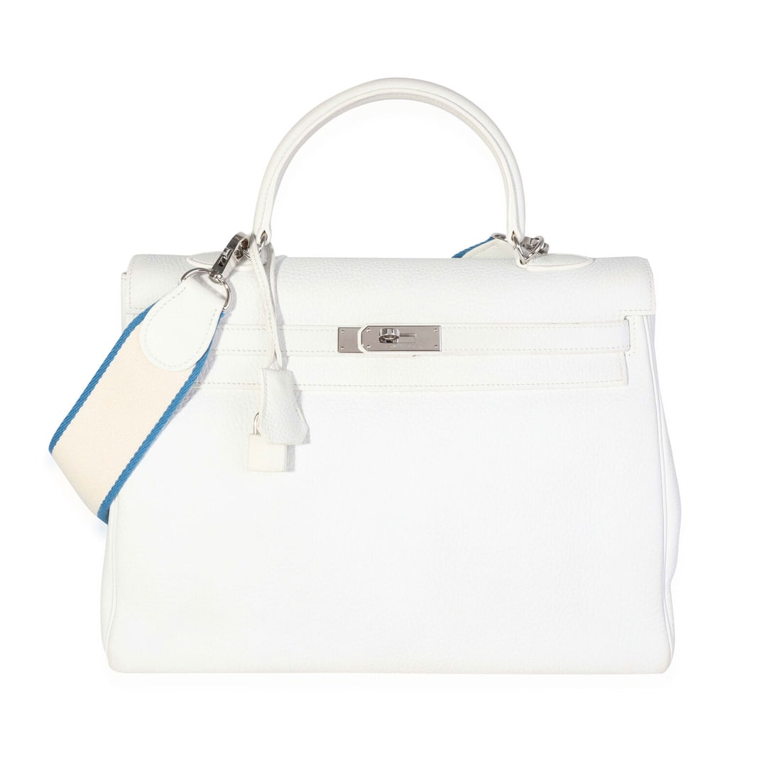 Hermes White Togo Retourne Kelly 35: Hermes White Togo Retourne Kelly 35 Gender: Unisex Dimensions: 13.5 x 10.5 x 5 Bag Width: 13.5 in Bag Depth: 5 in Bag Height: 10.5 in Handbag Accessories: Clochette;Lock;Key;Removable Straps Lining Co