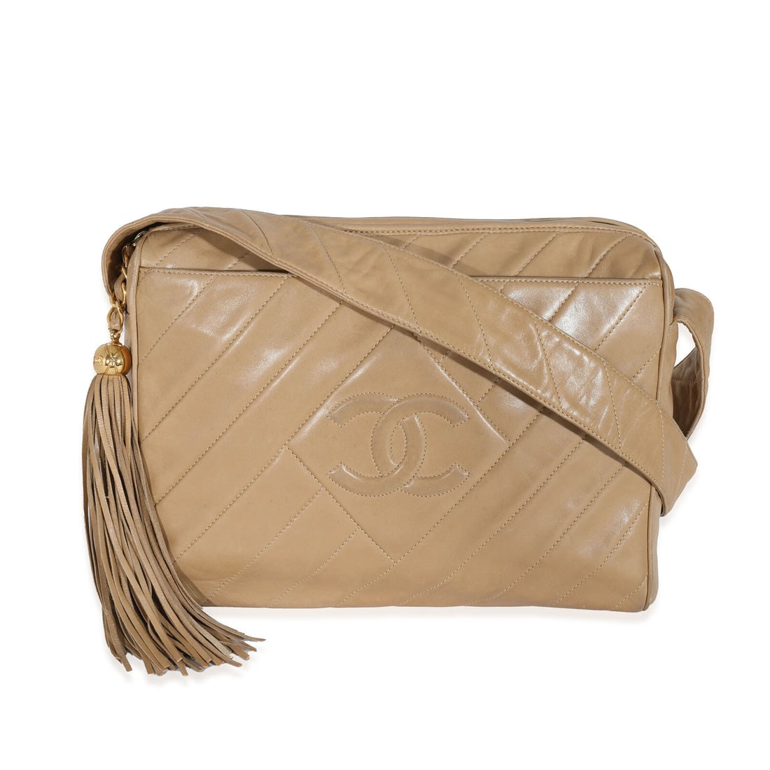 Chanel Vintage Lambskin Diagonal Stich CC Tassel Camera: Chanel Vintage Lambskin Diagonal Stich CC Tassel Camera Dimensions: 10.7 x 9 x 3 Handbag Accessories: Tassels Bag Width: 10.7 in Bag Depth: 3 in Bag Height: 9 in Style: Shoulder Bag Material: Leather 