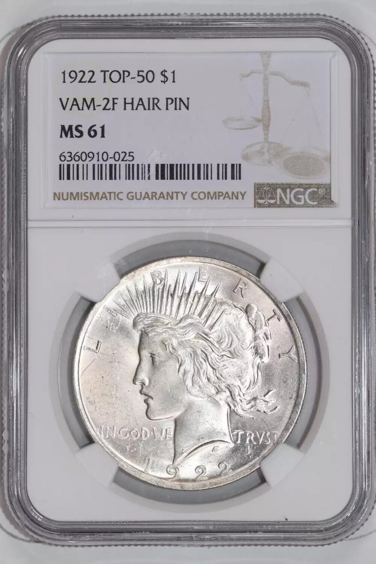 1922 VAM-2F "HAIR PIN" TOP 50 PEACE DOLLAR NGC MS61: 1922 VAM-2F "HAIR PIN" TOP 50 PEACE DOLLAR NGC MS61 Certification: NGC Composition: Silver Grade: MS 61 Year: 1922 Circulated/Uncirculated: Uncirculated Mint Location: Philadelphia Km Number: Unknown 