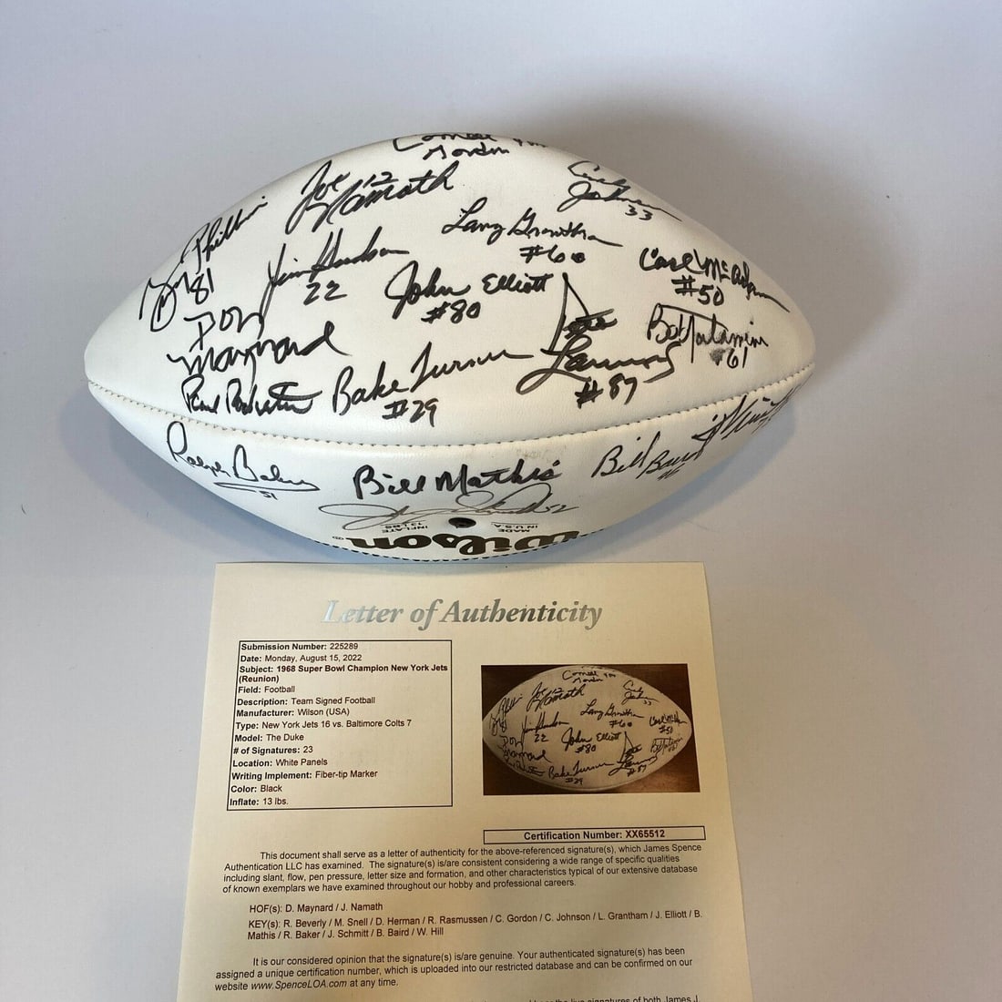 1968 New York Jets Super Bowl Champs Team Signed Wilson Football JSA COA: 1968 New York Jets Super Bowl Champs Team Signed Wilson Football JSA COA Product: Ball Sport: Football-NFL Autograph Authentication: James Spence Authentication (JSA) Original/Reprint: Original Pre-Ow