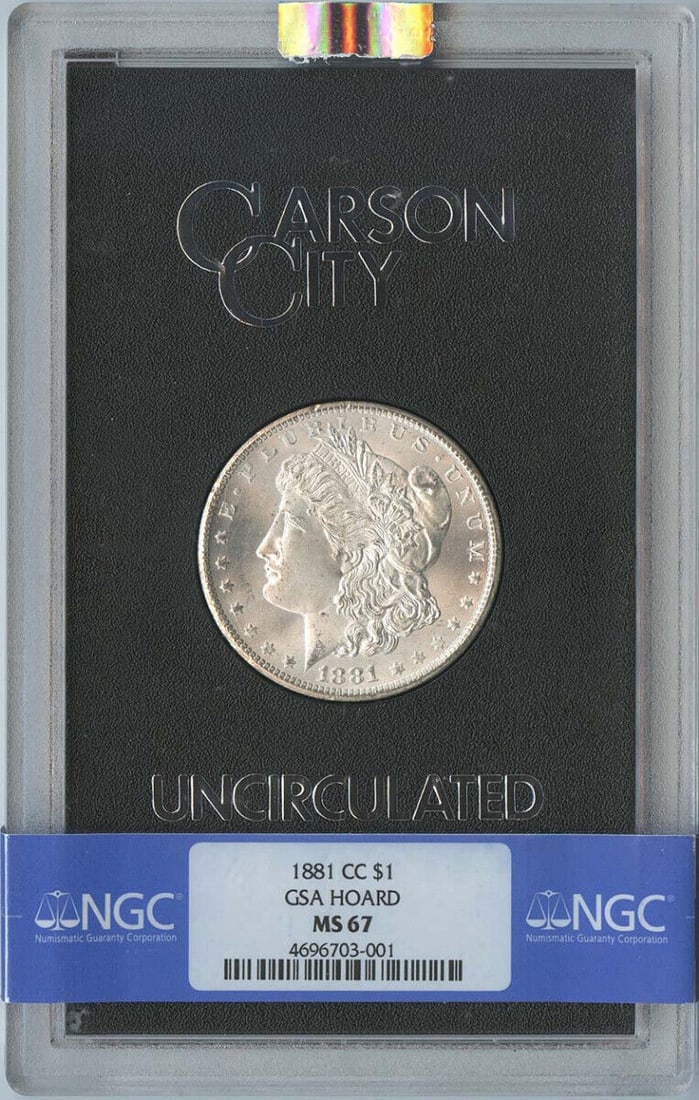 1881-CC Morgan Dollar GSA HOARD S$1 NGC MS67: 1881-CC Morgan Dollar GSA HOARD S$1 NGC MS67 Certification: NGC Certification Number: 4696703001 Grade: MS67 Year: 1881 Circulated/Uncirculated: Uncirculated Mint Location: Carson City Designation: NO