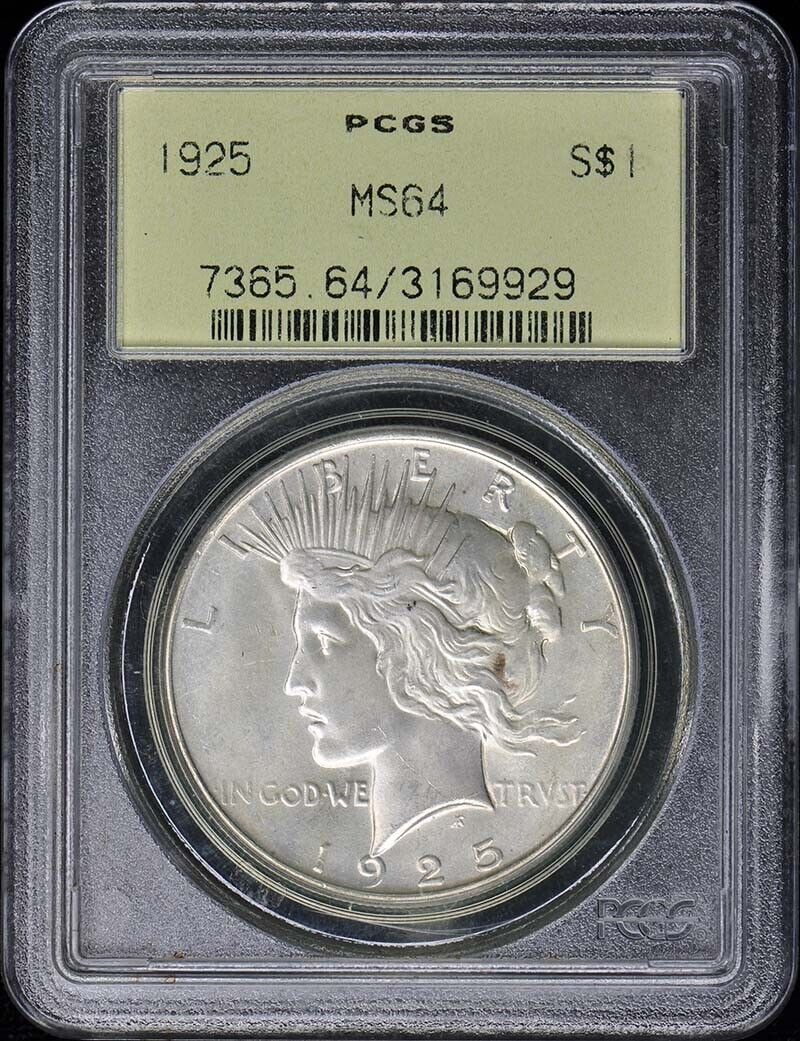 1925 $1 Peace Dollar PCGS MS64: 1925 $1 Peace Dollar PCGS MS64 Certification: PCGS Certification Number: 3169929 Grade: MS64 Year: 1925 Circulated/Uncirculated: Uncirculated Mint Location: Philadelphia Designation: NONE Denomination