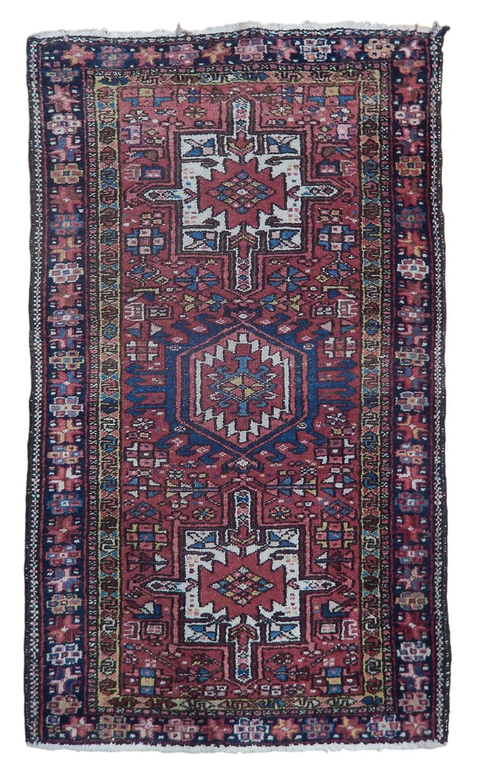 3 x 4 Red Semi-Antique Persian Karaja Rug: 3 x 4 Red Semi-Antique Persian Karaja Rug Free continental US Shipping Size in Feet: Width: 3 x Length: 4 Size in Inches: Width: 32 in x Length: 48 in Colors: Red Ivory Weave: 100% Handmade Pile: 3/8 