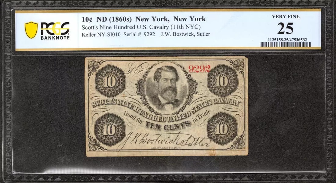 1860 10c J.W. BOSTWICK SCOTTS NINE HUNDRED U.S. CALVERY NY SUTLER NOTE PCGS 25: 1860 10c J.W. BOSTWICK SCOTTS NINE HUNDRED U.S. CALVERY NY SUTLER NOTE PCGS 25 Certification: PCGS Grade: 25 Series Year: ND (1860s) Year: ND (1860s) Circulated/Uncirculated: Circulated Country: Unite