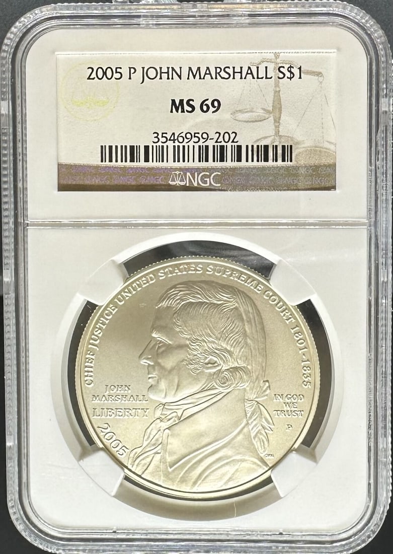 2005 S$1 John Marshall MS69 NGC (#PA3546959202): 2005 S$1 John Marshall MS69 NGC (#PA3546959202) Year: 2005 Grade: MS69 Certification Number: 3546959202 Mint Location: Philadelphia Certification: NGC Composition: Silver Circulated/Uncirculated: Circ
