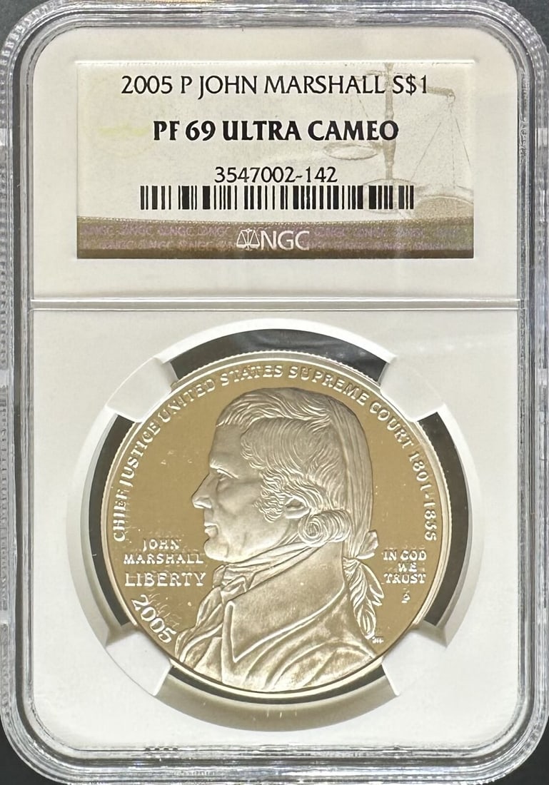 2005 S$1 John Marshall PF69UCAM NGC (#PA3547002142): 2005 S$1 John Marshall PF69UCAM NGC (#PA3547002142) Year: 2005 Grade: PF69UCAM Certification Number: 3547002142 Mint Location: Philadelphia Certification: NGC Composition: Silver Circulated/Uncirculat