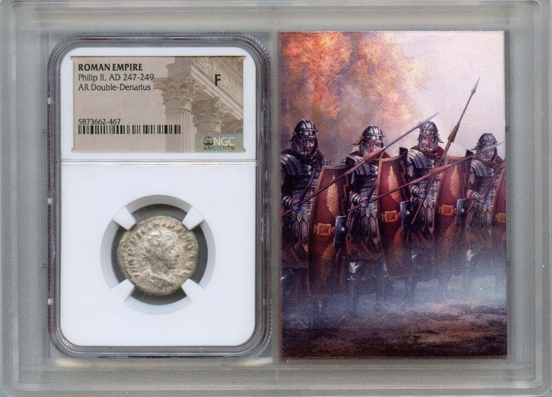 Philip II AD 247-249 ROMAN AR Double-Denarius NGC F12 Story Vault: Philip II AD 247-249 ROMAN AR Double-Denarius NGC F12 Story Vault Certification: NGC Grade: F12 Certification Number: 5873662467 Denomination: Ancient Roman Date: NONE Pre-Owned The MYNT Guarantee: Al