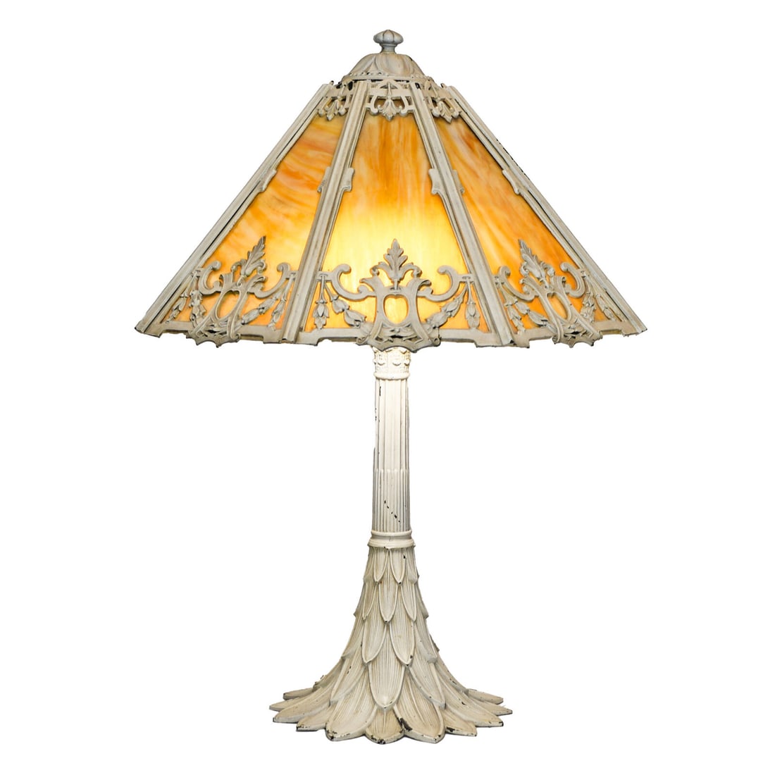 Antique 20th Century White Table Lamp with Caramel Glass: Antique 20th Century White Table Lamp with Caramel Glass Style: Art Nouveau Type: Table Lamp Original/Reproduction: Unknown Antique: Yes Vintage: Yes Color: White Time Period: 1900s This exquisite ant