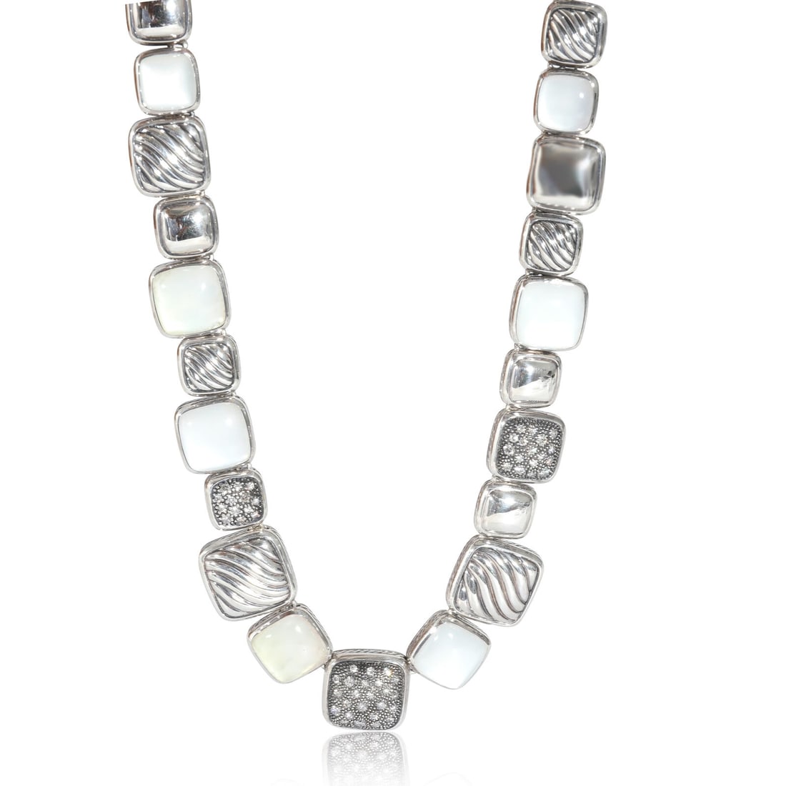 David Yurman Chiclet Moonstone & Diamond Necklace in Sterling Silver 1/1 Ctw: David Yurman Chiclet Moonstone & Diamond Necklace in Sterling Silver 1/1 Ctw Pendant Shape: Round Brilliant Necklace Length: 17 in With Original Box/Packaging: Yes Side Stone Type: No Stone Side Stone