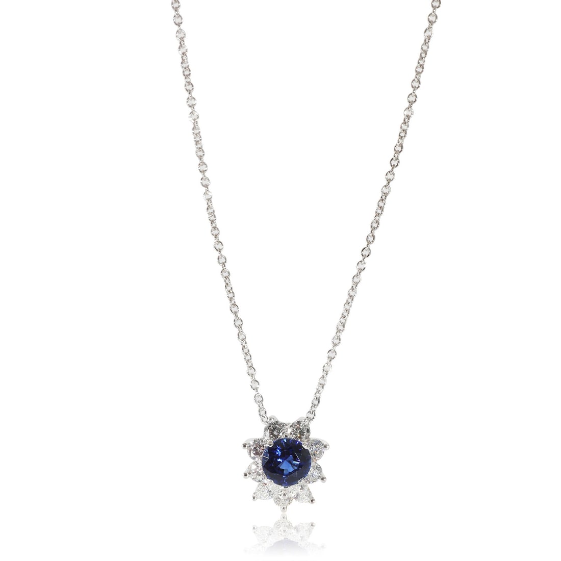 Tiffany & Co. Victoria Sapphire Diamond Pendant in Platinum 0.53 CTW: Tiffany & Co. Victoria Sapphire Diamond Pendant in Platinum 0.53 CTW Pendant Shape: Round Necklace Length: 16 in Clasp/Buckle Type: Lobster Claw With Original Box/Packaging: Yes With Papers: Yes Main 