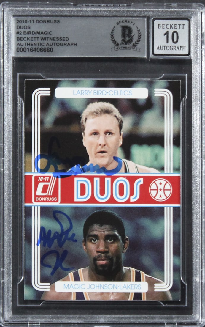 Larry Bird & Magic Johnson Signed 2010 Donruss Duos #2 Card Auto 10! BAS Slabbed: Larry Bird & Magic Johnson Signed 2010 Donruss Duos #2 Card Auto 10! BAS Slabbed Sport: Basketball Product: Box Box & Case Breaks Case Coin etopps (In-hand) Lot Pack Original/Reprint: Original Player: