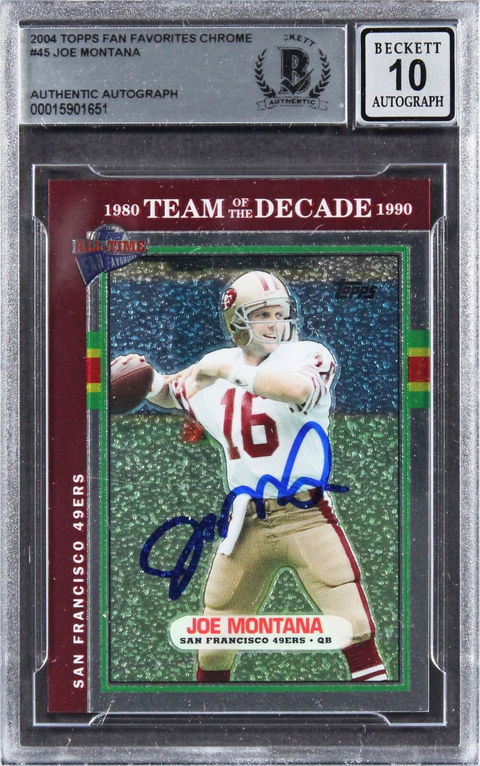 49ers Joe Montana Signed 2004 Topps Fan Favs #45 #259/499 Card Auto 10! BAS Slab: 49ers Joe Montana Signed 2004 Topps Fan Favs #45 #259/499 Card Auto 10! BAS Slab Sport: Football League: NFL Team: San Francisco 49ers Graded: Yes Product Coa: Beckett Product Signed By Name: Joe Mont