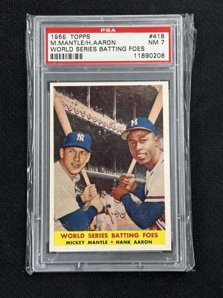 Mickey Mantle 1958 Topps Hank Aaron World Series Batting foes PSA 7: Mickey Mantle 1958 Topps Hank Aaron World Series Batting foes PSA 7 Sport: Baseball Player/Athlete: Mickey Mantle Manufacturer: Topps Team: New York Yankees League: MLB Card Number: 418 Year Manufactu