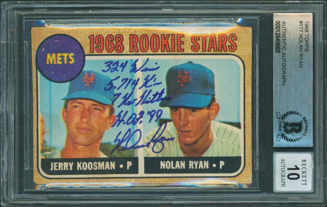 Mets Nolan Ryan "Stat" Signed 1968 Topps #177 Rookie Card Auto Grade 10 BAS Slab: Mets Nolan Ryan "Stat" Signed 1968 Topps #177 Rookie Card Auto Grade 10 BAS Slab Sport: Baseball League: MLB Team: New York Mets Graded: Yes Product Coa: Beckett Product Signed By Name: Nolan Ryan Pre