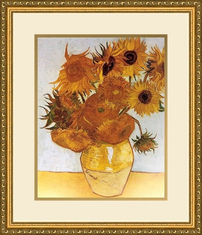 Vincent van Gogh - Sunflowers NEWLY Custom Framed Print: Vincent van Gogh - Sunflowers NEWLY Custom Framed Print Features: Framed Matted Region Of Origin: united states Item Width: 14 in Title: Sunflowers Production Technique: Lithography Item Length: 14 in