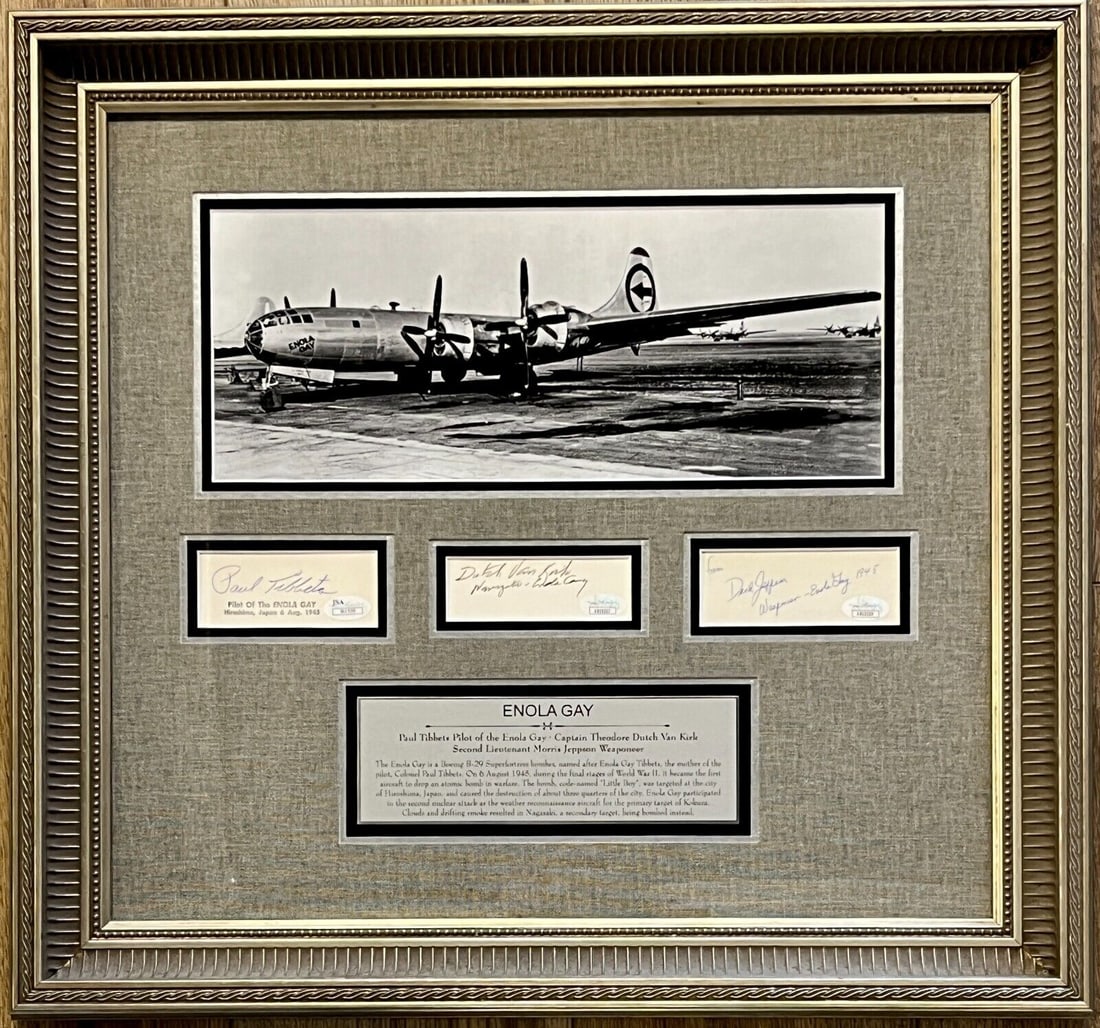 Enola Gay Crew (Tibbets/Jeppson/Van Kirk) signed custom framed display-JSA: Enola Gay Crew (Tibbets/Jeppson/Van Kirk) signed custom framed display-JSA Industry: Military Signed By: Tibbetts/Van Kirk/Jeppson Signed: Yes Autograph Authentication: James Spence (JSA) Original/Rep