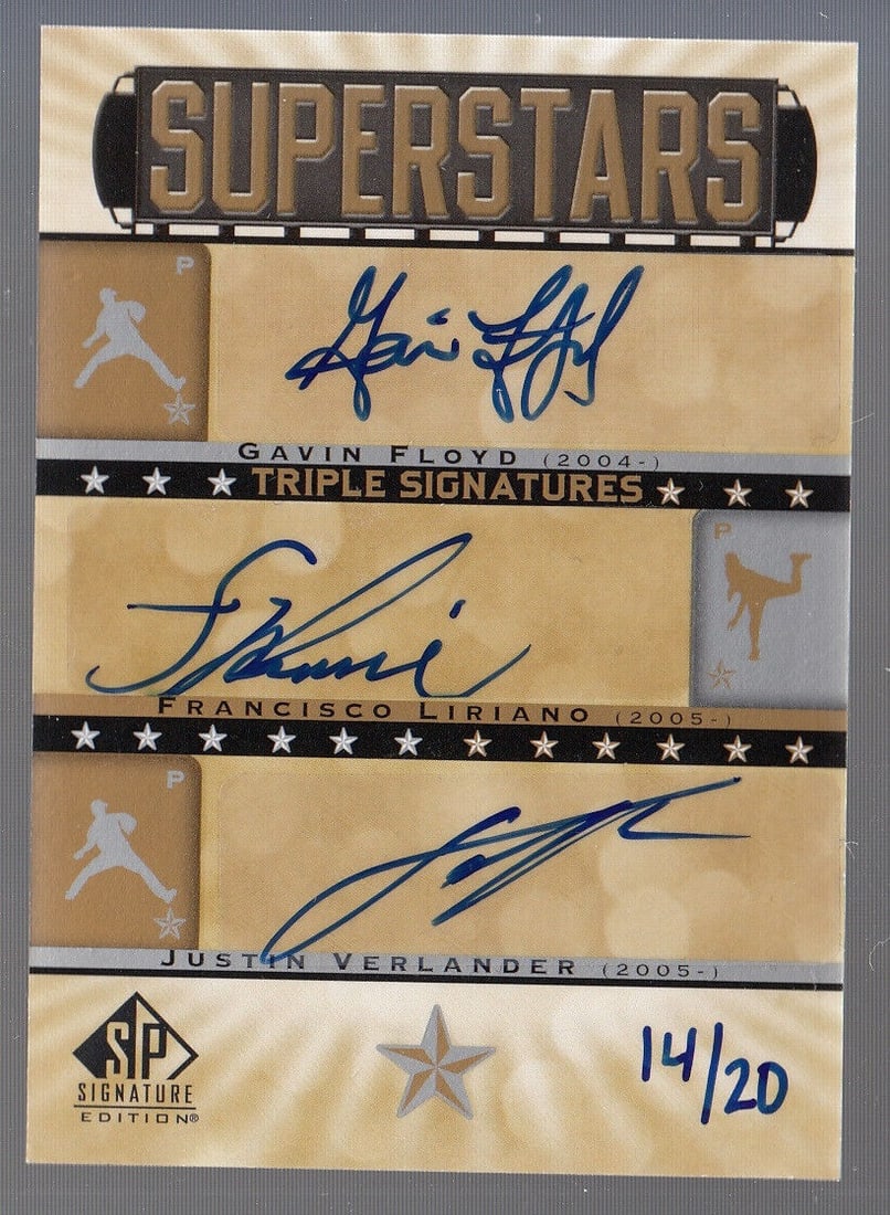 Justin Verlander Liriano Floyd 2012 UD Superstars Triple Signatures SP 91032: Justin Verlander Liriano Floyd 2012 UD Superstars Triple Signatures SP 91032 League: Major League (MLB) Player: Justin Verlander Graded: No Sport: Baseball Type: Sports Trading Card Language: English
