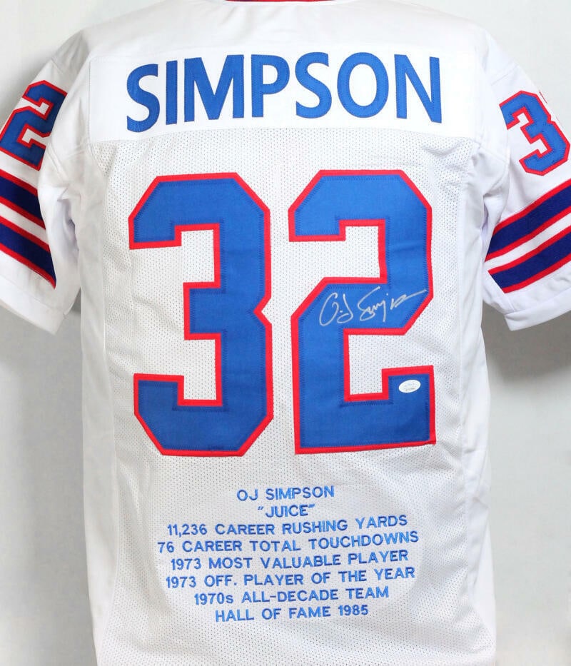 O. J. Simpson Autographed White Pro Style STAT Jersey - JSA W *2: O. J. Simpson Autographed White Pro Style STAT Jersey - JSA W *2 Sport: Football-NFL Product: Jersey Original/Reprint: Original Player: O.J. Simpson Team: Buffalo Bills Autograph Authentication: James