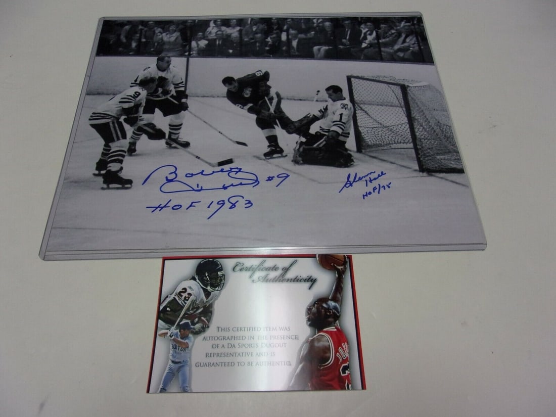 BOBBY HULL GLENN HALL CHICAGO BLACKHAWKS HOF W/COA SIGNED 11X14 PHOTO: BOBBY HULL GLENN HALL CHICAGO BLACKHAWKS HOF W/COA SIGNED 11X14 PHOTO Product: Photo Sport: Hockey-NHL Original/Reprint: Original Pre-Owned While the lot images are representative of the item, the siz