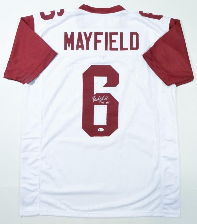 Baker Mayfield Autographed White College Style Jersey - Beckett W *6: Baker Mayfield Autographed White College Style Jersey - Beckett W *6 Sport: Football Product: Jersey Original/Reprint: Original Player: Baker Mayfield Autograph Authentication: Beckett Authentication 