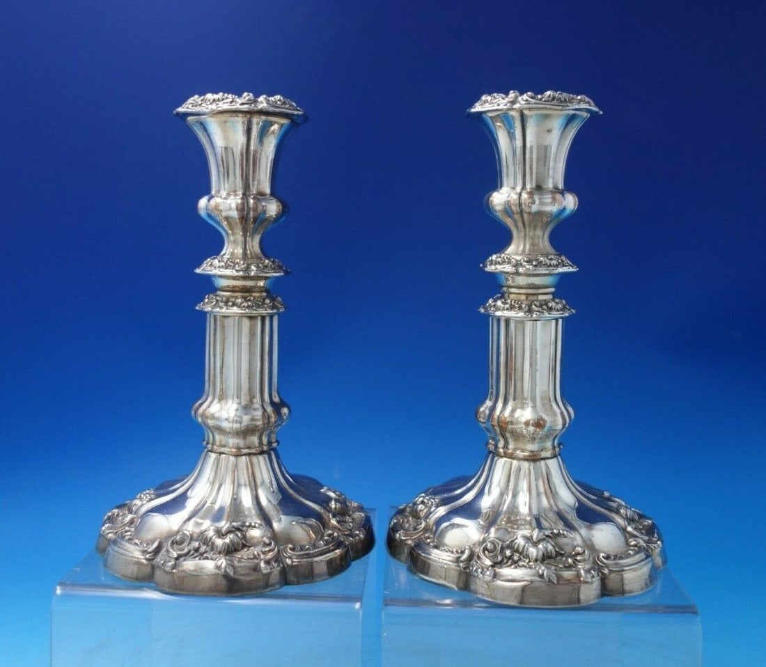 English Victorian Silver on Copper Candlestick Pair Floral c.1850: English Victorian Silver on Copper Candlestick Pair Floral #5688 c.1850 Wonderful english victorian silver on copper candlestick pair with floral design marked , circa 1850 (maker unknown). The candle