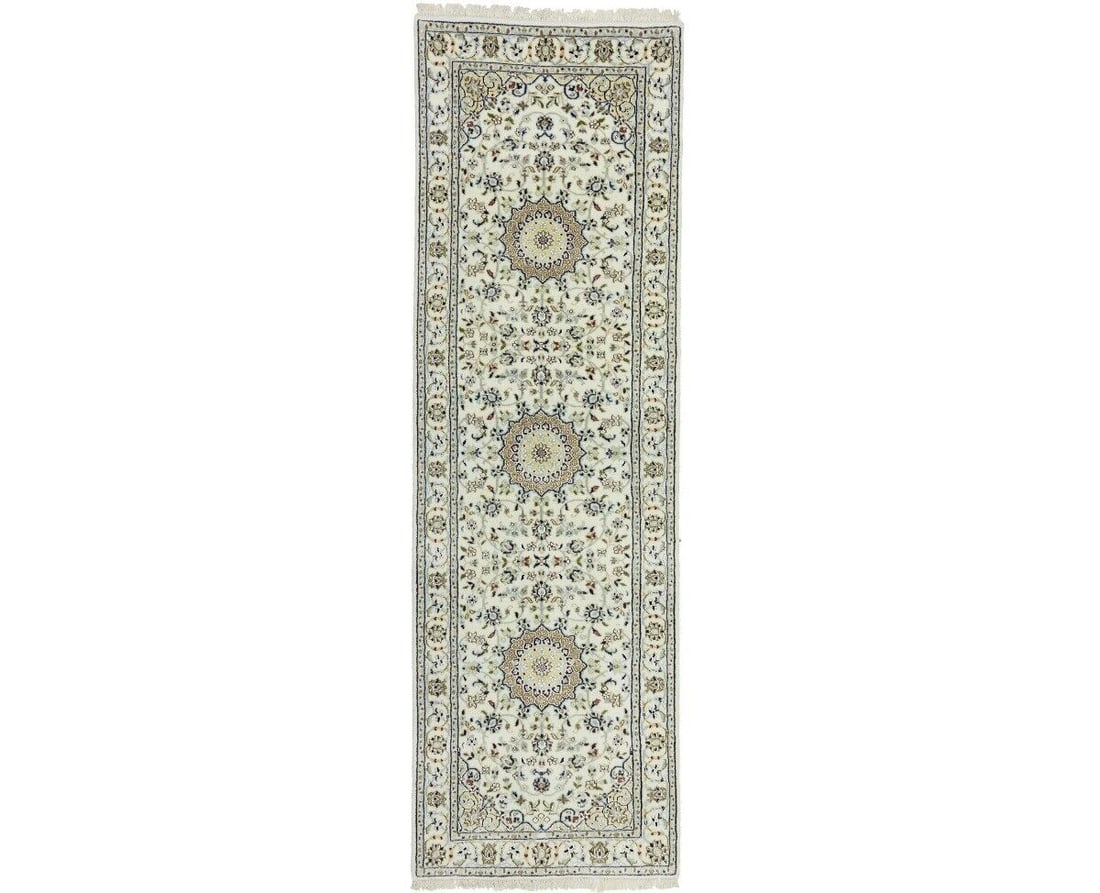 Hand-Knotted Floral Design 27X84 Indo-Nain Oriental Runner Rug Kitchen Carpet: Hand-Knotted Floral Design 27X84 Indo-Nain Oriental Runner Rug Kitchen Carpet Free continental US Shipping Type: Runners Color: Cream Buff Red Dark Navy Light Grey Green Tan Brown etc Size: 2"7 x 8"4