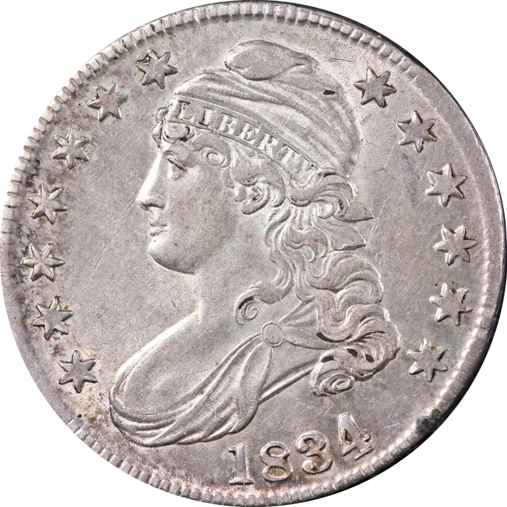1834/4 Bust Half Dollar Large Date Small Letters Choice AU/BU 0-106 R.1: 1834/4 Bust Half Dollar Large Date Small Letters Choice AU/BU 0-106 R.1 Certification: Uncertified Circulated/Uncirculated: Circulated Composition: Silver Grade: Choice AU/BU Year: 1834/4 Pre-Owned Th