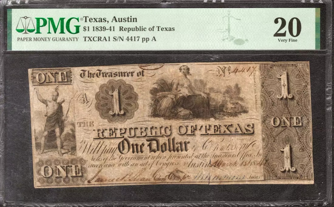 1841 $1 REPUBLIC OF TEXAS AUSTIN OBSOLETE TREASURY NOTE CR-TX-A1 PMG VF 20: 1841 $1 REPUBLIC OF TEXAS AUSTIN OBSOLETE TREASURY NOTE CR-TX-A1 PMG VF 20 Certification: PMG Grade: 20 Series Year: 1839-41 Year: 1839-41 Circulated/Uncirculated: Circulated Country: United States Ca