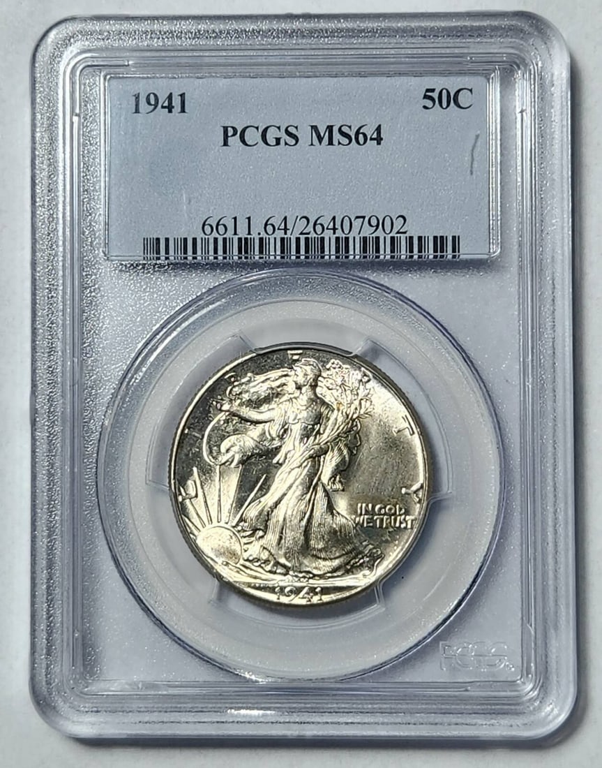 1941 P Walking Liberty Half Dollar PCGS MS-64: 1941 P Walking Liberty Half Dollar PCGS MS-64 Certification: PCGS Composition: Silver Grade: MS 64 Year: 1941 Circulated/Uncirculated: Uncirculated Mint Location: Philadelphia Km Number: Unknown Certi
